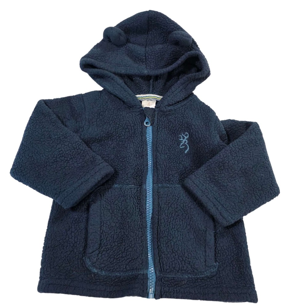 Browning Fleece Hoodie Jacket Full‎ Zip Bear Ears Navy Blue Kids Size 18M Warm